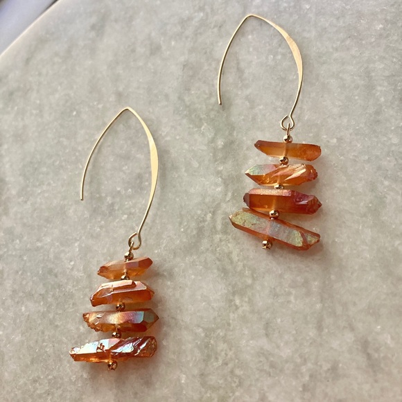 Fire Coral Quartz Stacked Dangle Gold Earrings - Picture 3 of 4